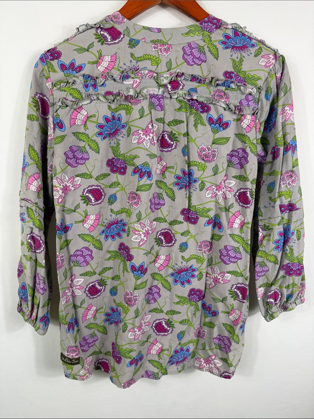 Matilda Jane Gray Floral Henley Blouse Purple & Blue Accents. Womens Size S - Picture 5 of 8